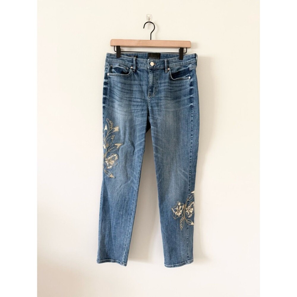 White House Black Market Girlfriend Jeans with Gold Floral Embroidery Size 6